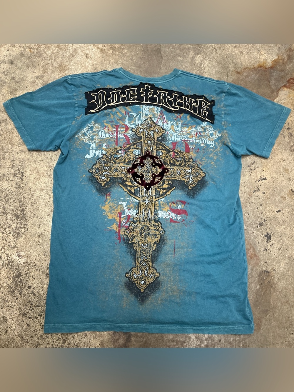 Y2K Doctrine Cross Grunge T-shirt Men’s Extra Large Blue Embroidered Streetwear
